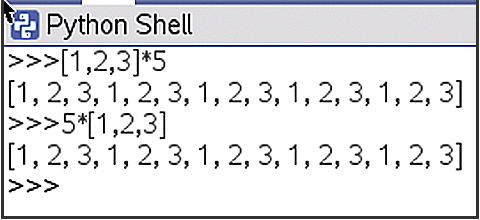 Python shell showing what the code  [1, 2, 3] * 5 creates.