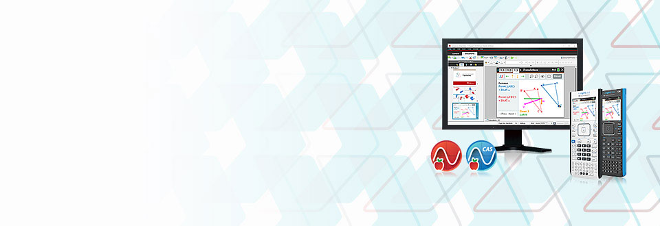 Promo call-out for TI Technology: Computer monitor showing TI-Nspire Preimum Teacher software with TI-Nspire CX II and CX II CAS graphing calculators